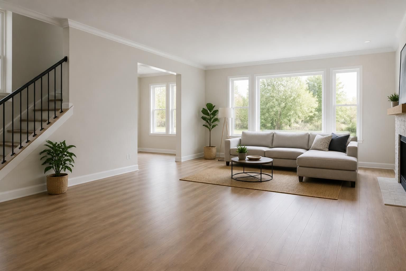 Clutter-free living room with open space for call to action text
